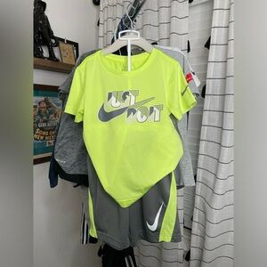 Used- Grey and highlighter- Nike short and short sleeve set.